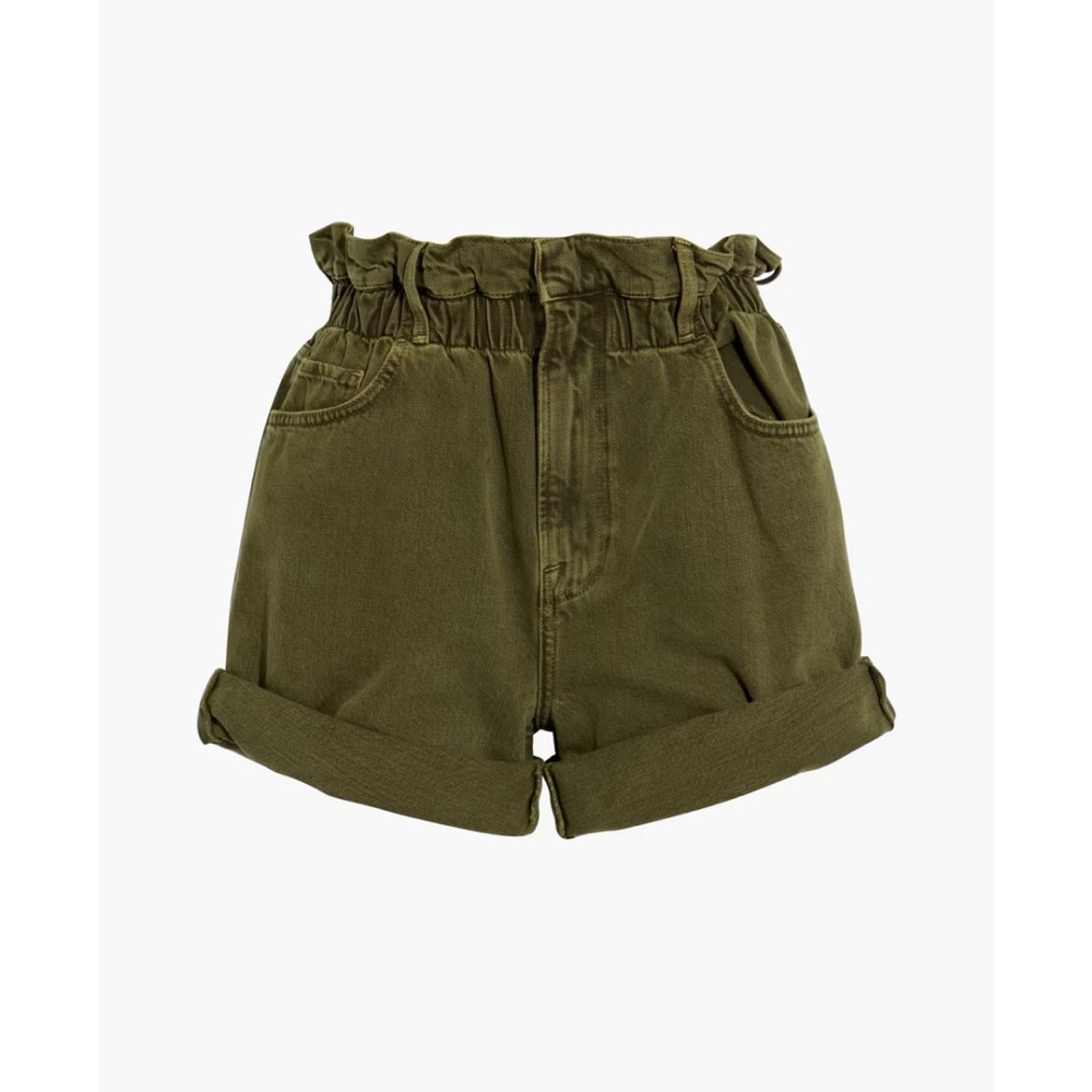 FRAME High Waist Pull on Denim Shorts In Green washed moss medium gathered waist